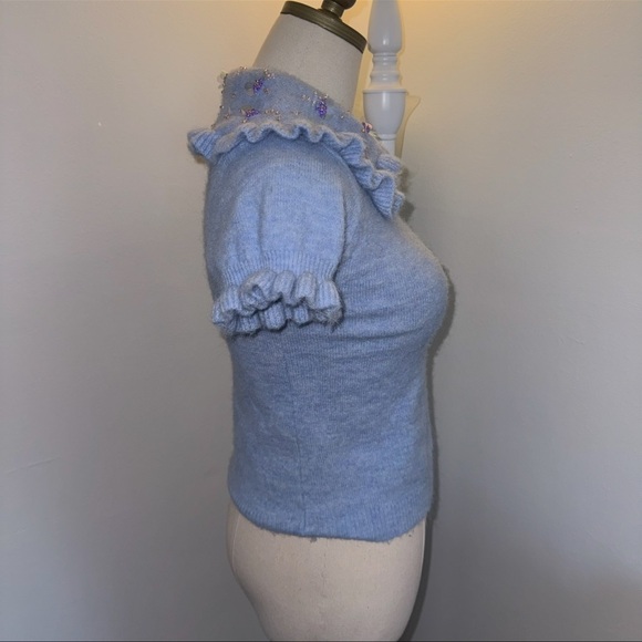 Zara Women’s S Soft Blue Peter Pan Embellished Beaded Collar Knit Sweater Top - Picture 8 of 9